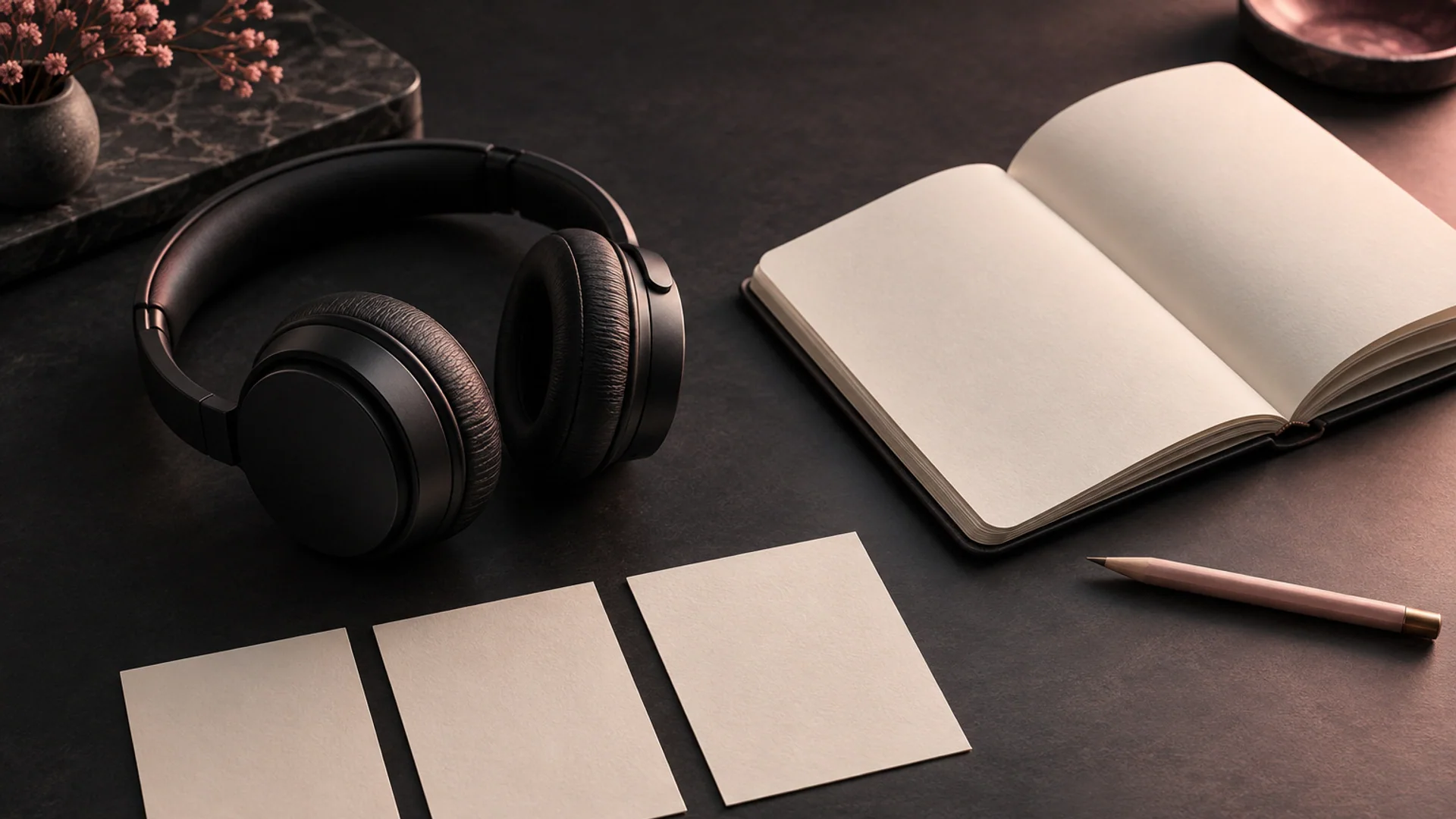 Black headphones beside an open blank notebook, reference cards and a blush pencil on a dark desk.