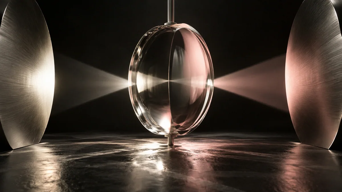 A glass lens between two brushed-metal reflectors, casting white and blush light across a dark studio.