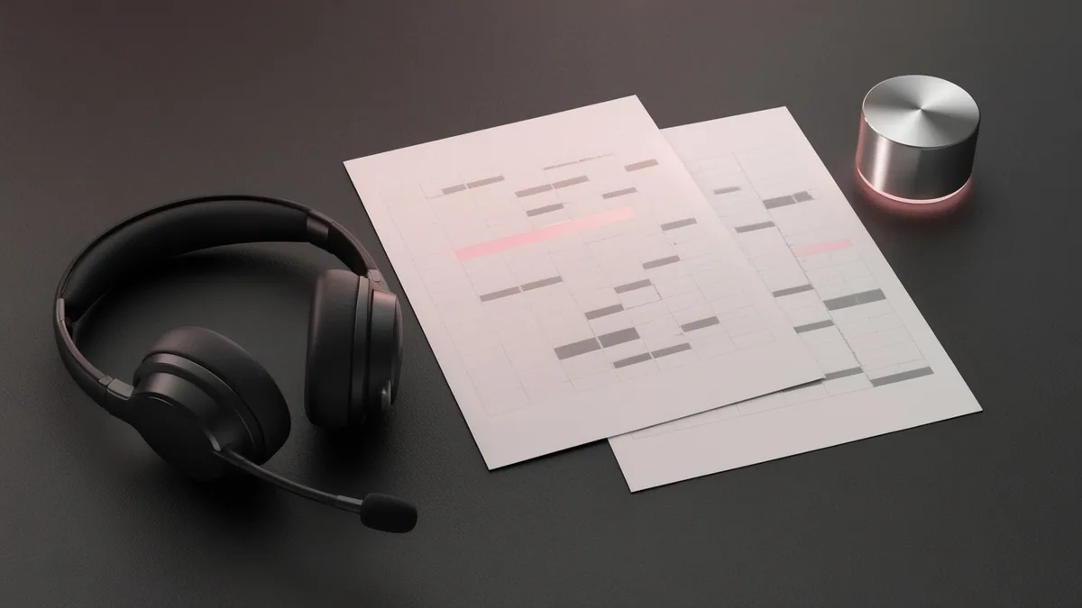 A headset, two shift plans, and a pink status light on a desk, symbolizing white-label chatting comparison.