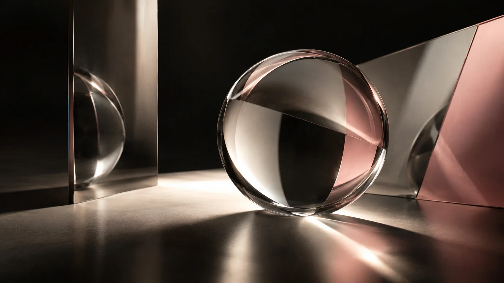 A glass sphere reflecting light, placed between two reflective surfaces.