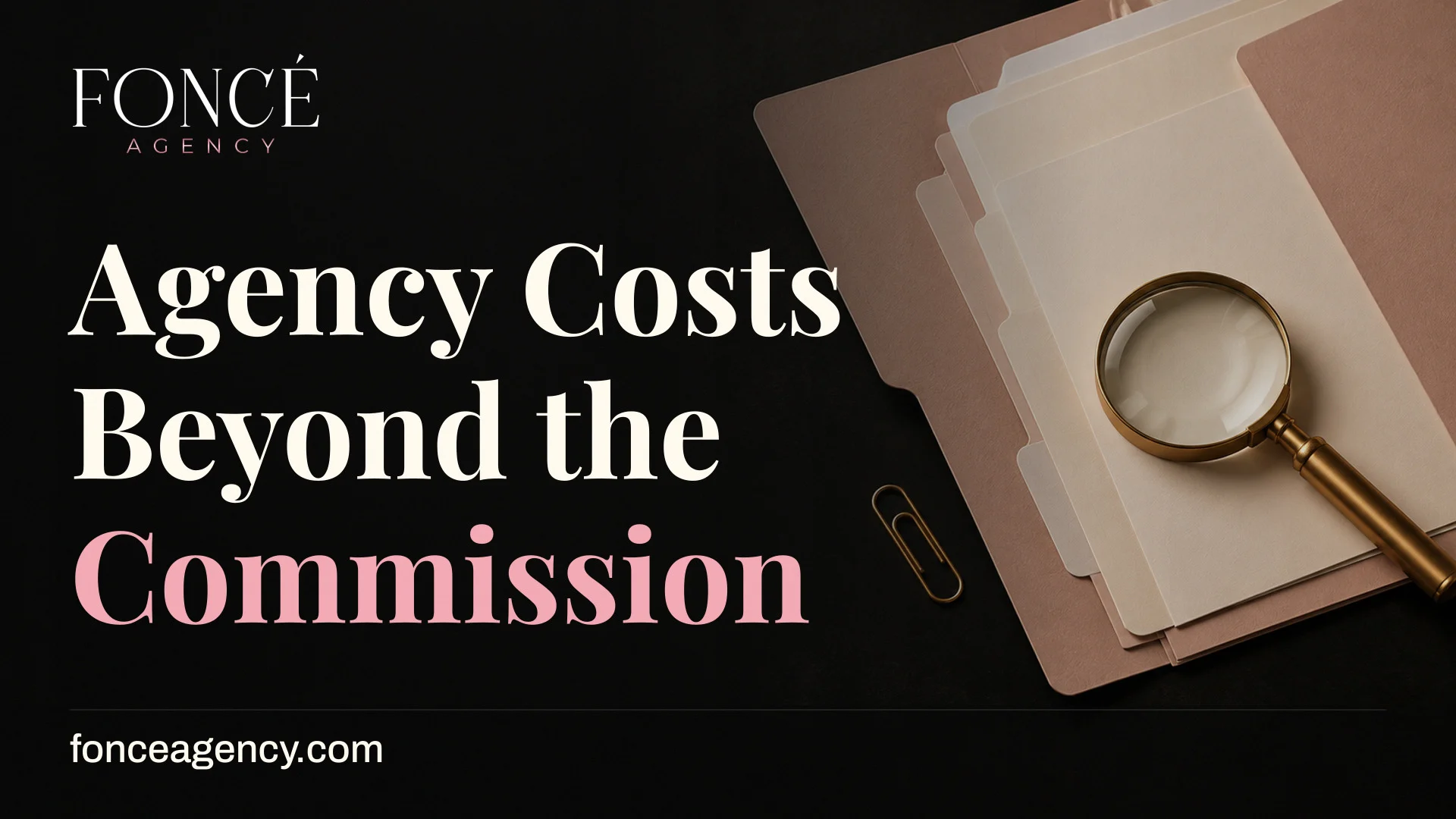 A magnifying glass rests on a stack of folders, symbolizing scrutiny of agency costs beyond commission.