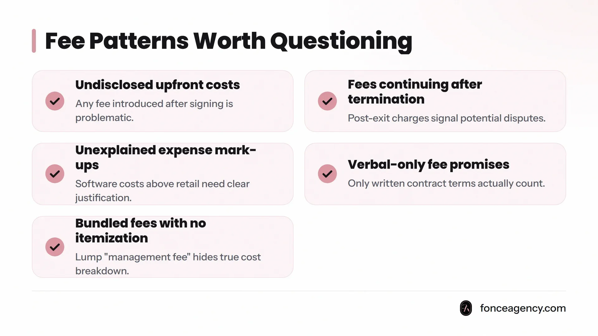 Five red-flag patterns in agency billing: undisclosed upfront costs, fees continuing after termination, unexplained markups, verbal-only promises, and bundled fees without itemizat