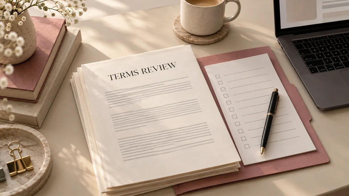 Terms review papers and a blank checklist on a rose folder beside a laptop and black pen.