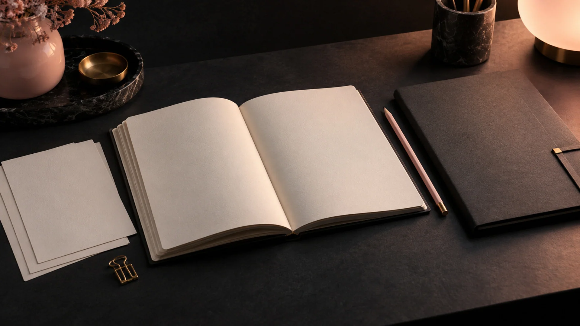 An open blank cream notebook, loose sheets and a blush pencil beside a charcoal folder on a dark desk.
