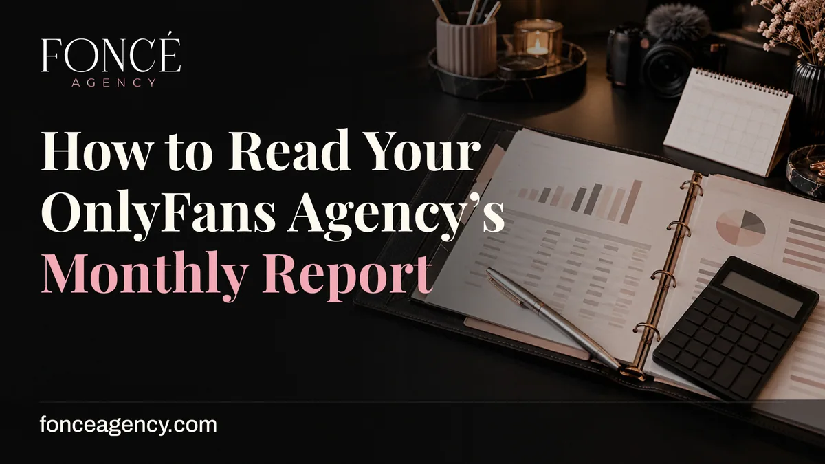 A desk with a report, calculator, and pen, featuring the headline 'How to Read Your OnlyFans Agency’s Monthly Report' and FONCÉ Agency logo.