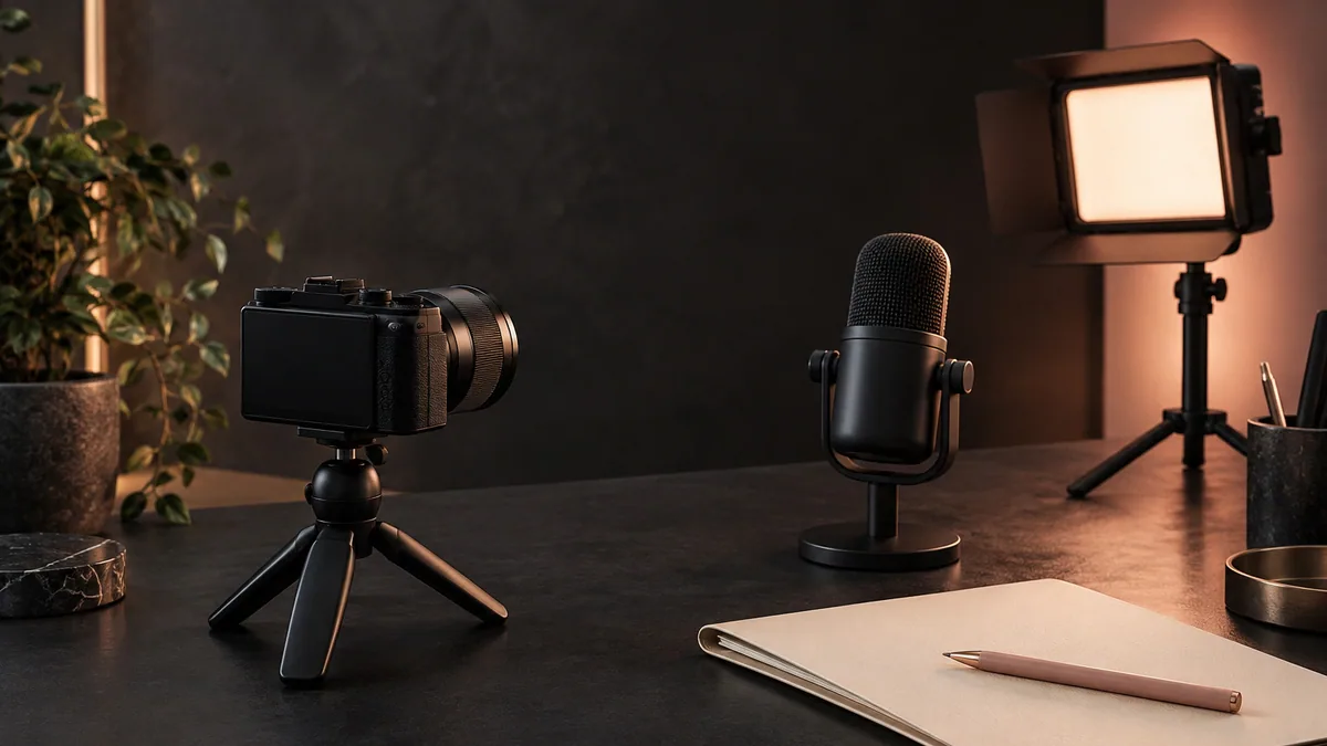 An unbranded camera, desktop microphone and studio light beside a cream folder and blush pencil on a dark desk.