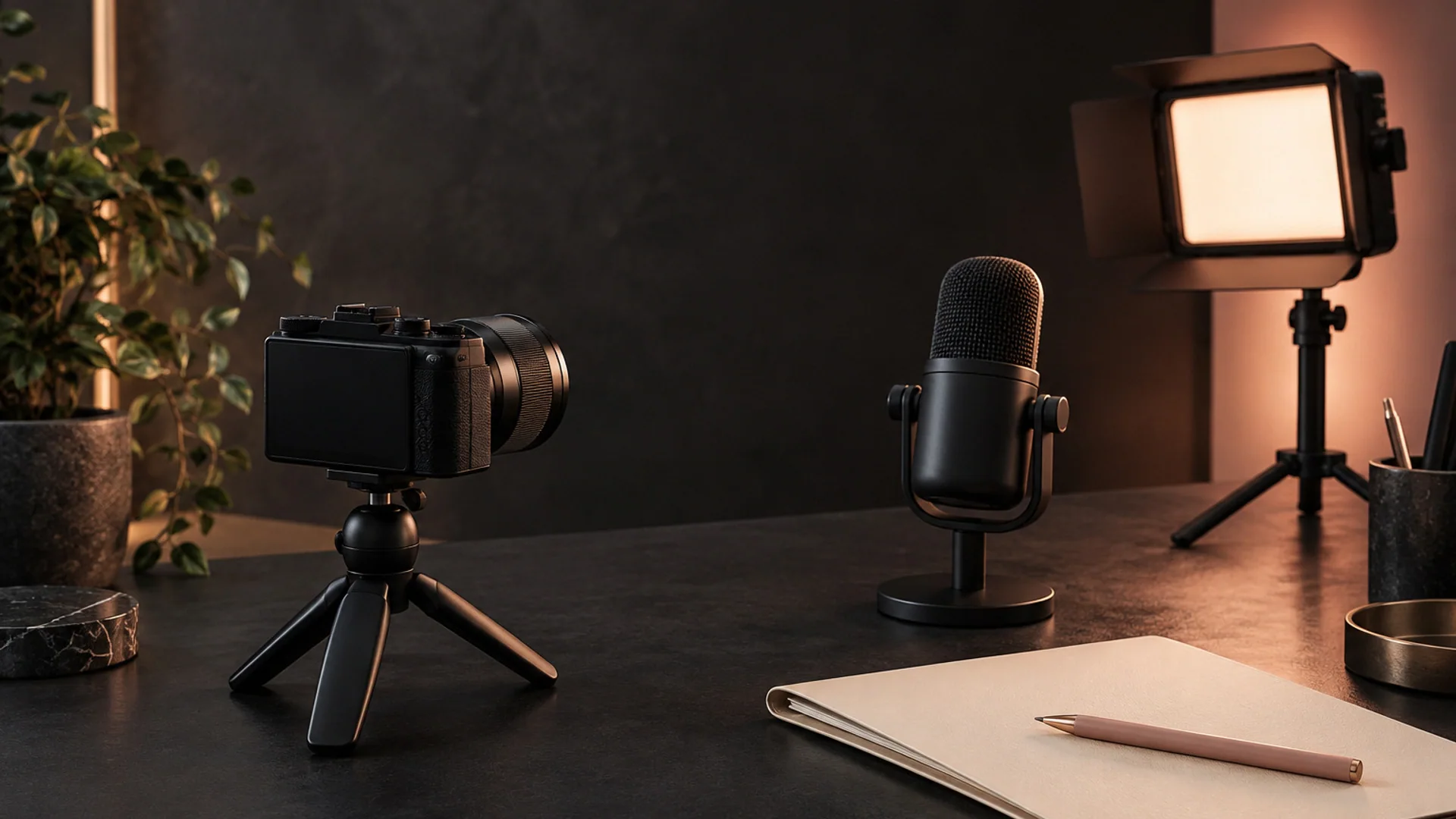 An unbranded camera, desktop microphone and studio light beside a cream folder and blush pencil on a dark desk.