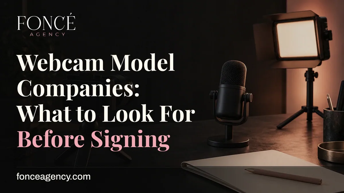 A professional workspace with a microphone and studio light, featuring the headline 'Webcam Model Companies: What to Look For Before Signing' and FONCÉ Agency branding.