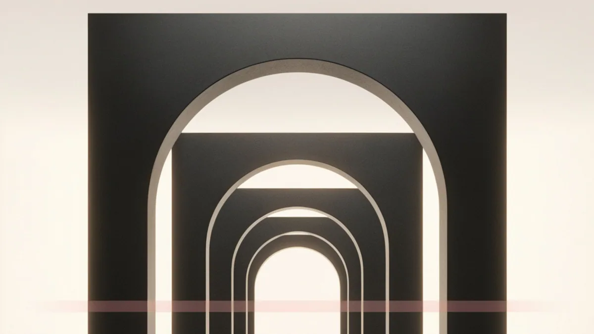 Abstract black-and-cream archways receding toward a central opening with a muted pink horizon line.