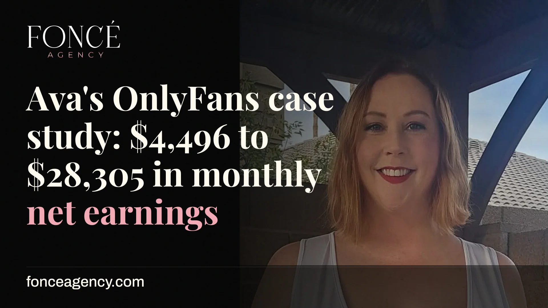 Ava's OnlyFans case study cover with earnings increase from $4,496 to $28,305 monthly, featuring FONCÉ Agency logo and website.